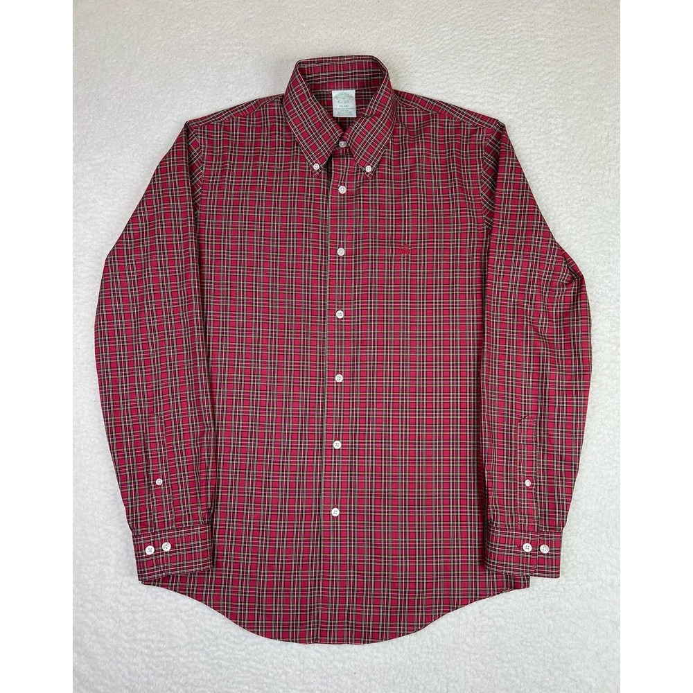 Brooks‎ Brothers Dress Shirt Mens Medium Red Plaid Milano Non Iron Supima